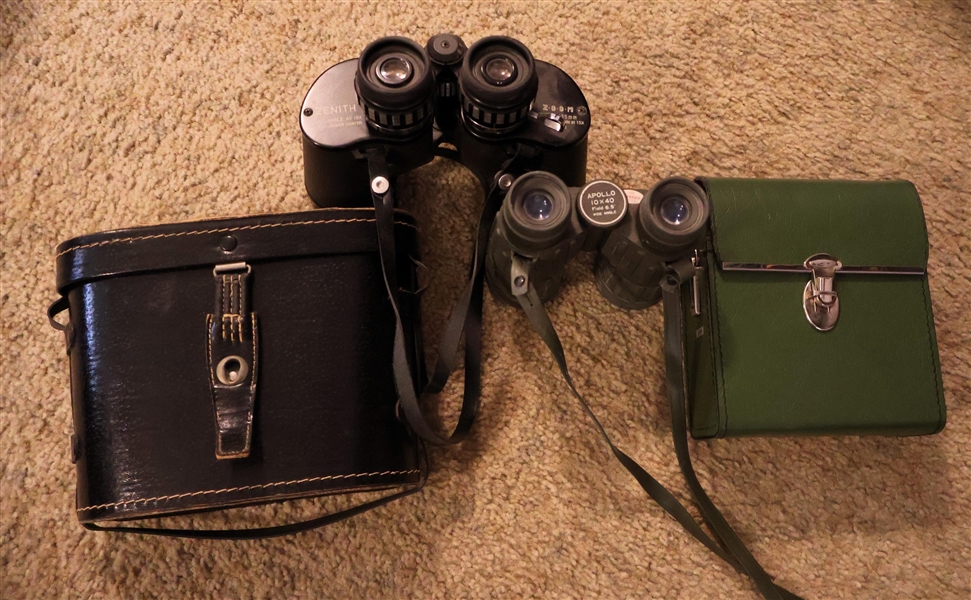 2 Pairs of Binoculars - Zenith Wide Angle Zoom - 7x-15x-35mm and Apollo 10x40 - Japanese - Green Camo Binoculars in Case