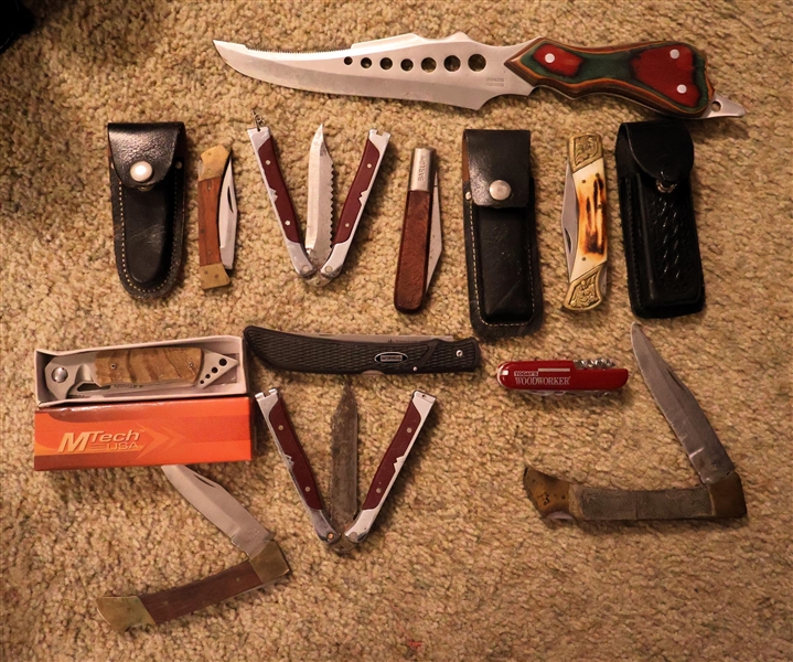 Group of 11 Assorted Knives including Barlow with Sheath, Butterfly Knife, Outdoor Life Single Blade, Stainless Rostferi with Colorful Wood Handle, Todays Woodworker Advertising, and Mtech