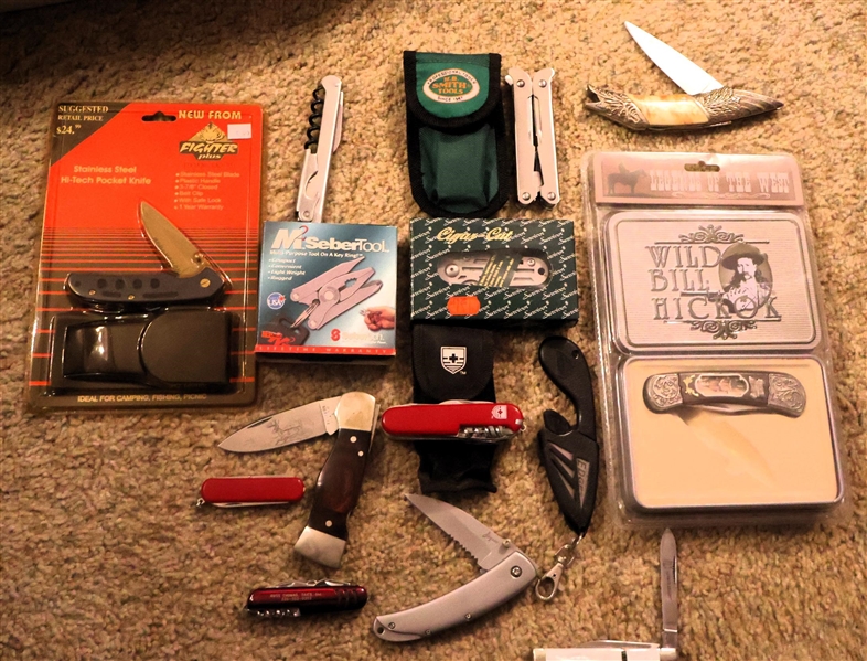 Lot of Knives including Legend of the West -Wild Bill Hickok, Smith Tools, Western, Multi Tools, and Others