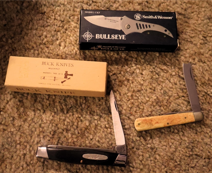 3 Knives - Smith & Wesson "Bullseye" In Original Box, Buck Model 313, and Parker Single Blade