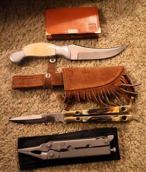 4 Knives - Simmons OlErn in Leather Wallet, Sheath Knife, Butterfly Knife, and Multi Tool  