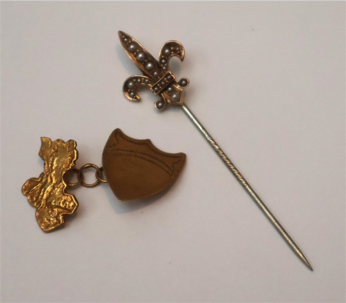 2 Gold Pieces - Marked 14Kt Stick Pin (Pin Part is Not Gold) and Unmarked Cuff Link - Total Weight 2.4 Dwt 