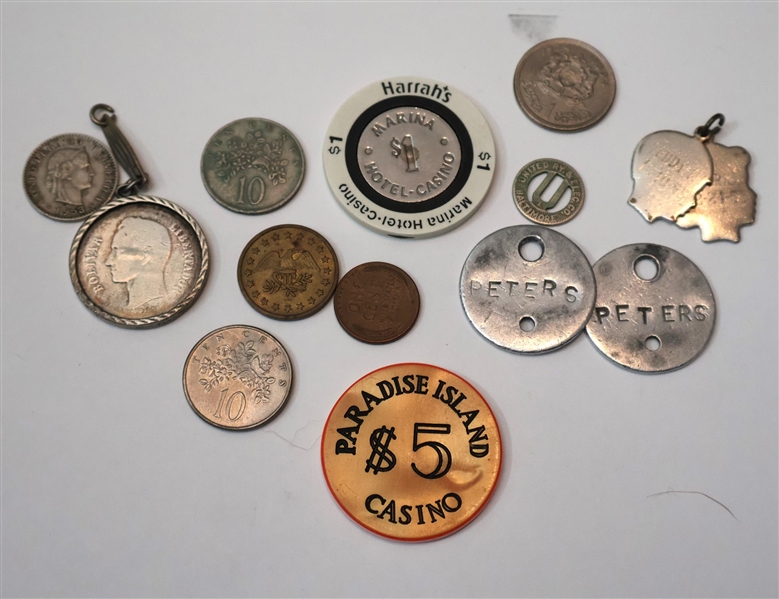 Mixed Lot including Coins, Tokens, 1935 Bolivia Silver Coin, Parade Island Casino Token , Harrahs Token, Wheat Penny, Boston Hospital Tags, Etc., 