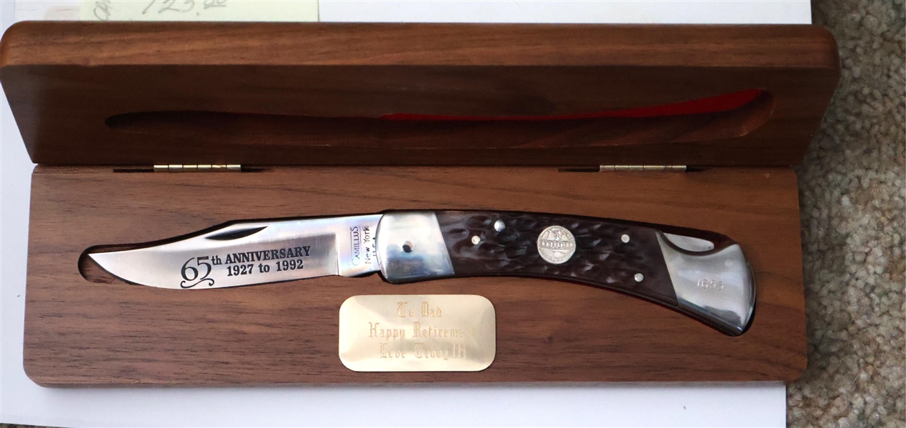 Craftsman Special Edition Camillus Knife - 65th Anniversary Edition 1927-1992 - Numbered 1653 - In Fitted Wood Case with Engraved Brass Tag - With Original Outer Box 