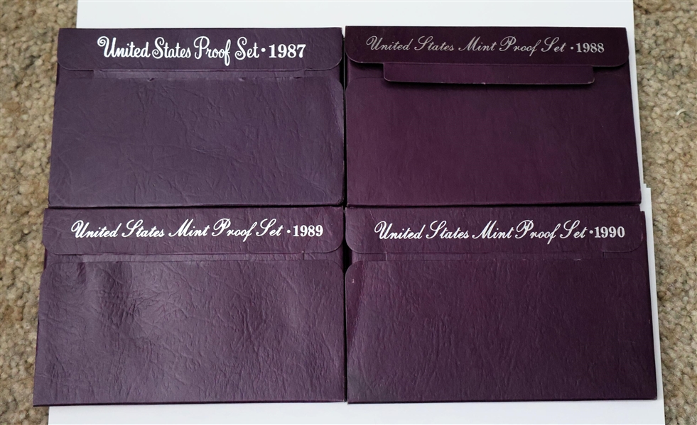 1987, 1988, 1989, and 1990 United States Mint Proof Coin Sets - All in Original Folders 