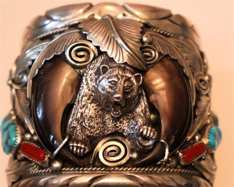 Incredible Large Native American Sterling Silver Bear Claw Cuff Bracelet - Artist M. Thomas Jr. - Stamped Inside - 2 Bear Claws, Figural Bear , Applied Sterling Silver Leaves, Scroll Work, and...