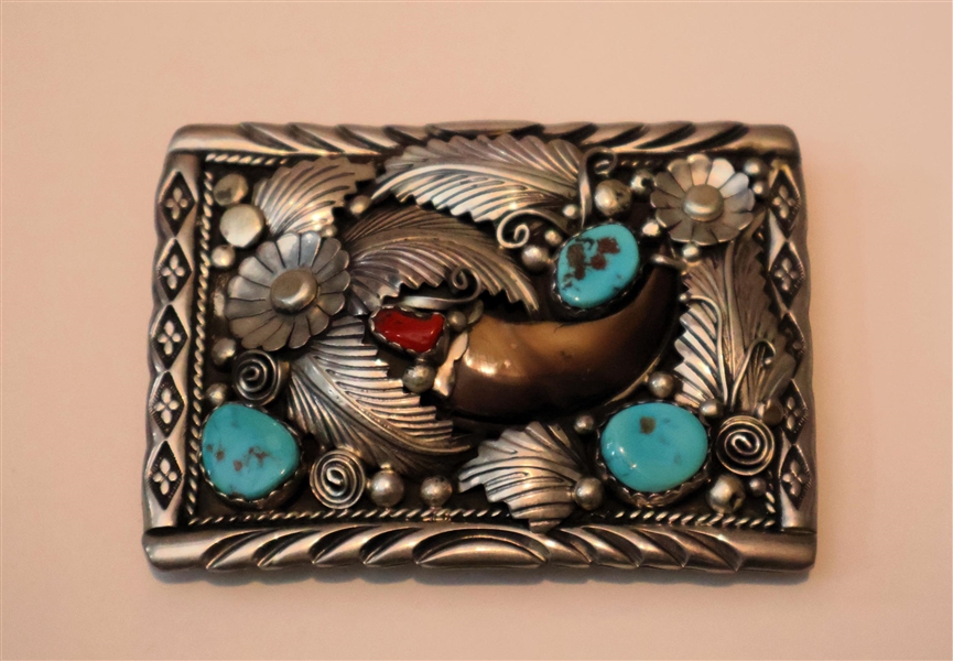 Incredible Sterling Silver Native American Bear Claw Belt Buckle - Applied Hand Crafted Leaves and Flowers - Turquoise and Coral Stones - Hand Engraving - Stamped by Artist W and Sterling -...