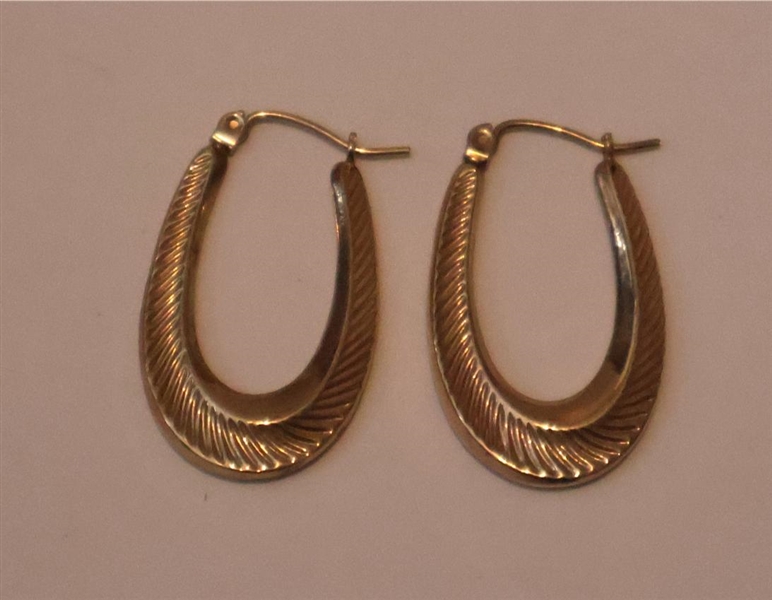 10kt Yellow Gold Elongated Hoop Earrings - Measuring 1" Long Weighing 1.2 Grams