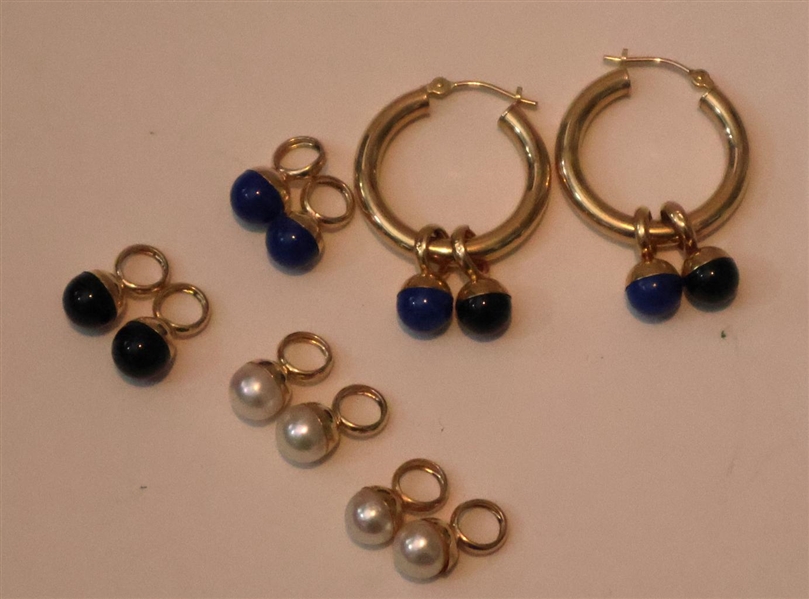 Pair of 14kt Yellow Gold Hoop Earring with Interchangeable 14kt Yellow Gold Set Beads - 4 Blue, 4 Black, and 4 Pearl 