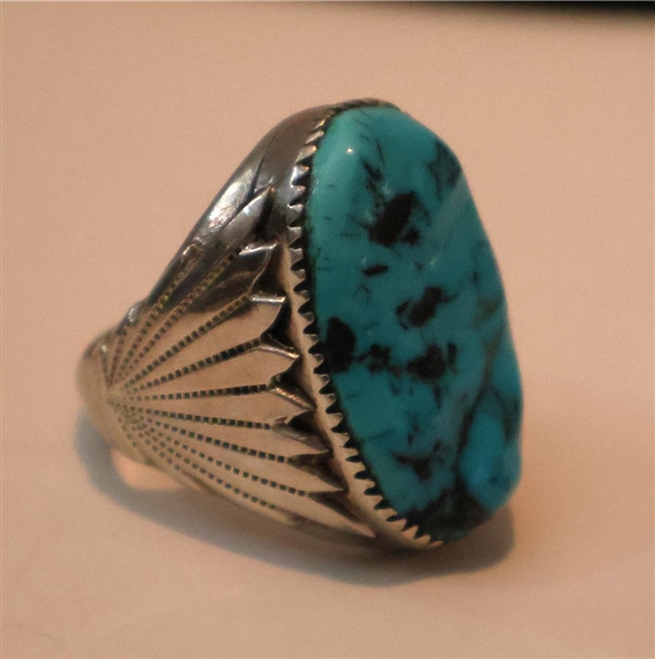 Beautiful Handmade Native American Sterling Silver Turquoise Ring - Maker RLB - Size 10 