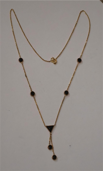 Nice 14kt Yellow Gold Station Necklace with Round Black Stones and Triangular Station - Measures 15" Weighs  