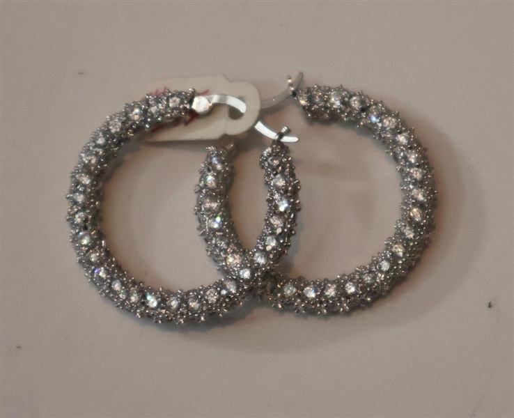 Pair of Fancy Sterling Silver Hoop Earrings Encrusted with Clear Stones  - Measuring 1 1/4" Wide - Brand New