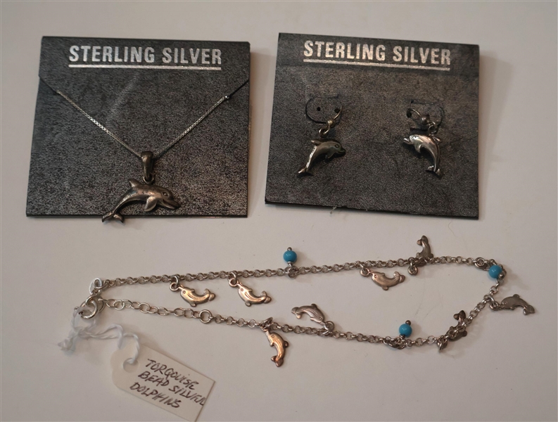 New Sterling Silver Dolphin Jewelry Lot including Sterling and Turquoise Anklet, Sterling Necklace with Pendant and Matching Earrings 