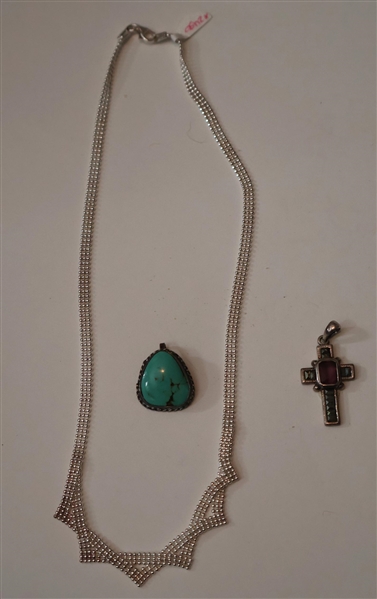 Sterling Silver Jewelry Lot including Turquoise Pendant, Cross Pendant, and New Necklace
