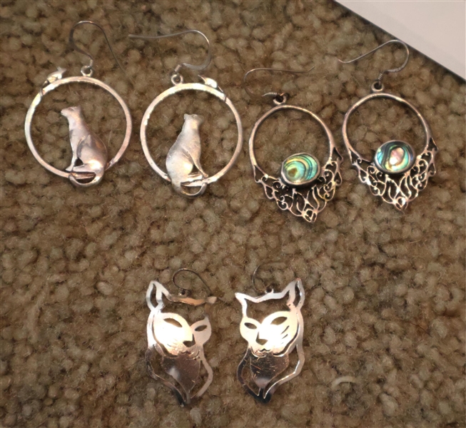 3 Pairs of Nice Sterling Silver Earrings - 2 Pairs with Cats, and Pair with Abalone Stones