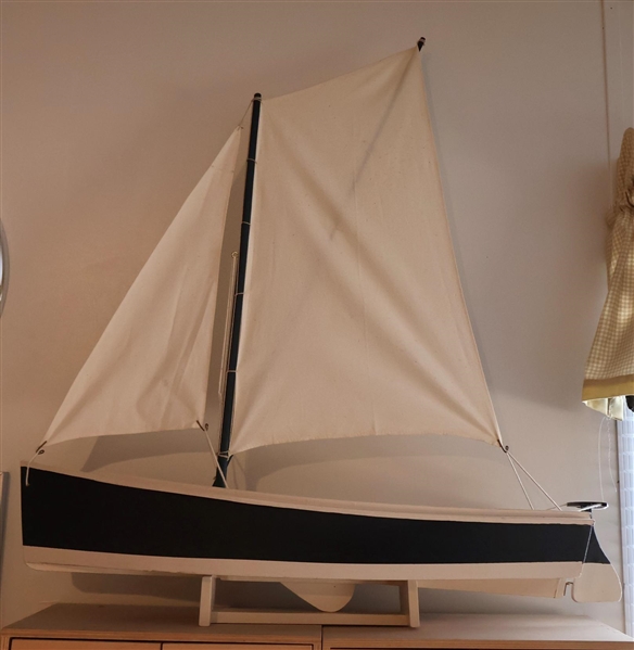 Wooden  Model Sail Boat with Canvas Sails - Measures 24" Long