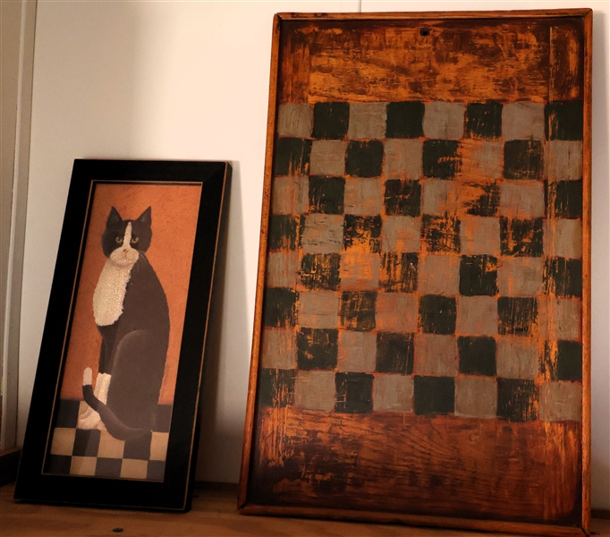 Rustic Decorative Checkerboard Measuring 19 1/2" by 15 1/2" and Framed Folk Art Style Cat 