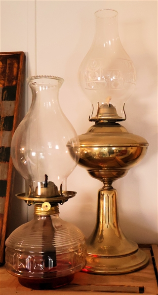 Glass Oil Lam and Brass Oil Lamp with Laurel Wreath Shade 