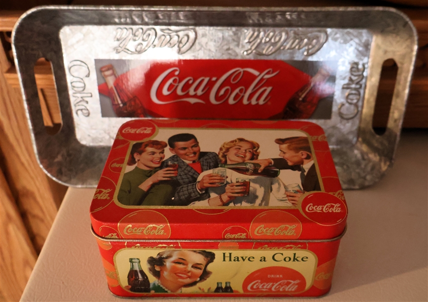 Coca Cola Tray and Coca Cola Collectors Tin Full of Playing Cards including Remington, Coca Cola, 