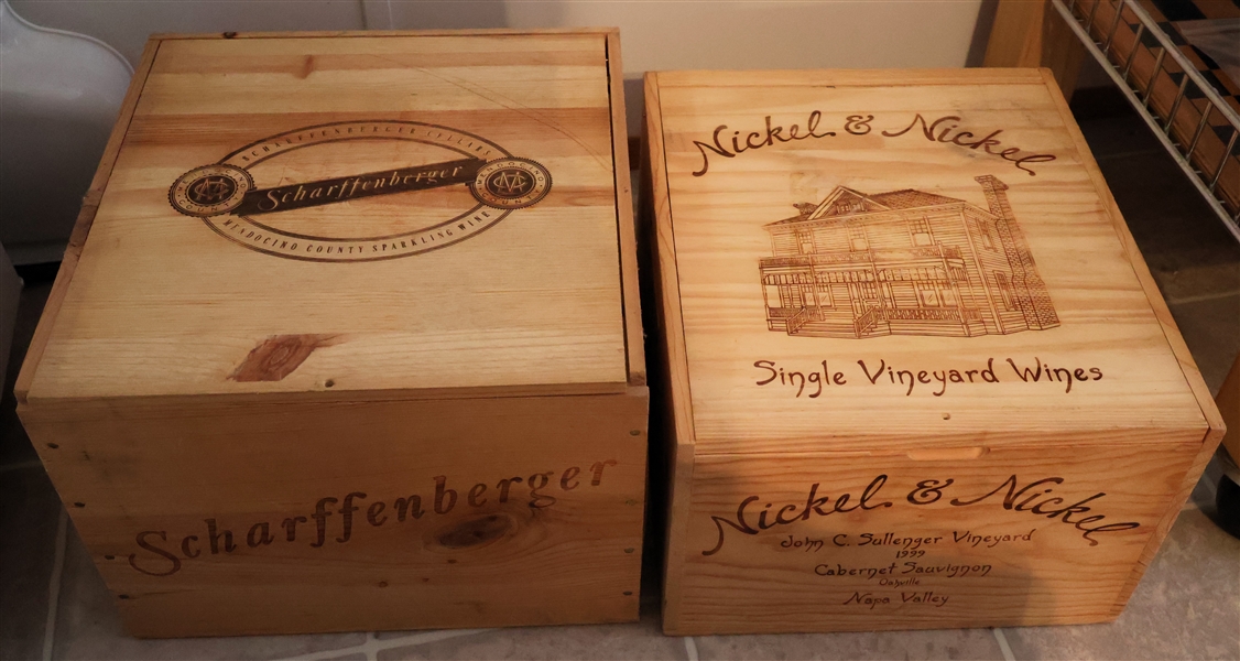 2 Wood Wine Crates with Lift Tops - Nickel & Nickel and Scharffenberger - NO CONTENTS