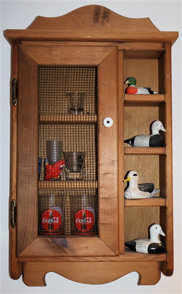 Wood What Not Shelf Full of tchotchkes -Ducks, Coca Cola Glasses, Shot Glasses - Shelf Measures 26" Long 16" Wide
