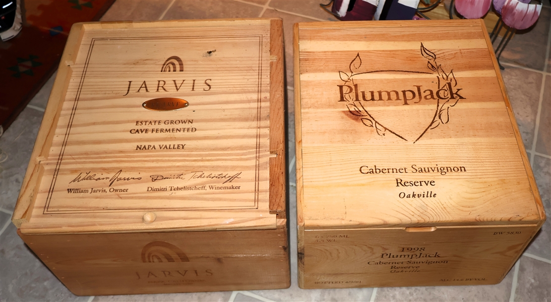 2 Wood Wine Bottle Crates - Plumpjack and Jarvis Reserve with Metal Tag 