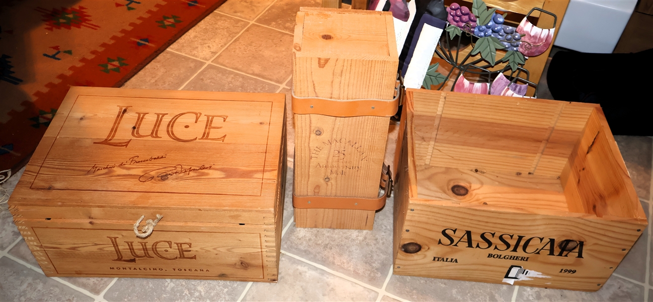 3 Wood Wine Crates - Luce with Hinged Lid, Single Bottle with Straps, and Open Sassicaia