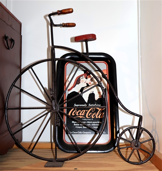 Metal Bicycle Décor and Replica Coca Cola Tip Tray - Bicycle Measures 17 1/2" Tall 