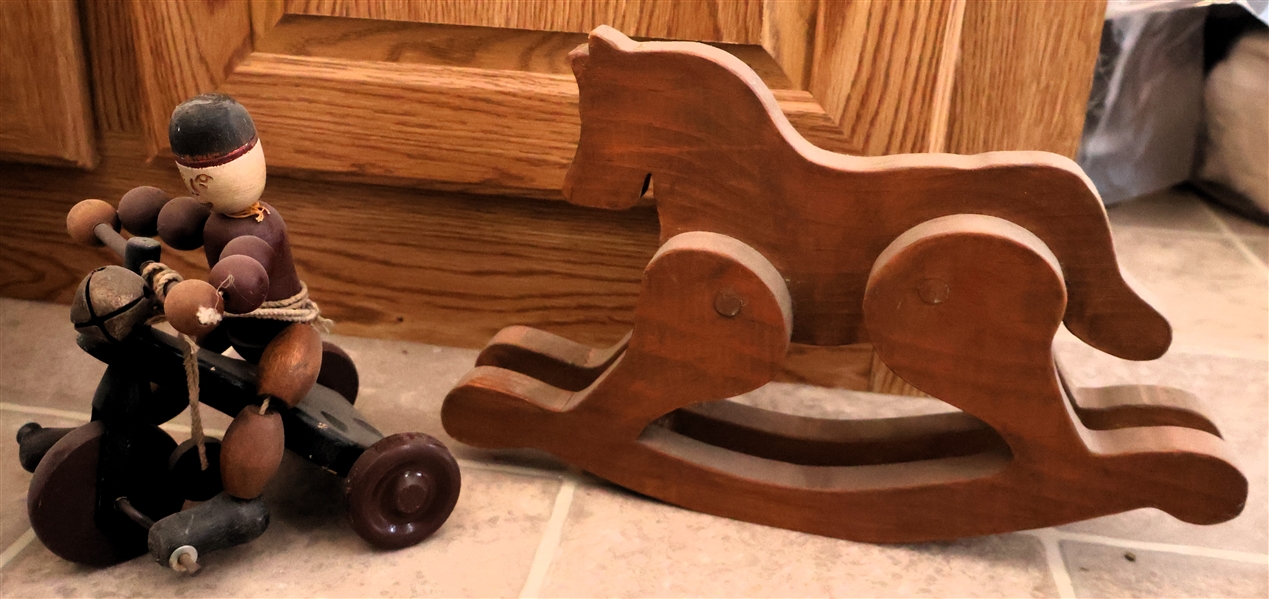 Modern Wood Pull Toy with Bells and Wood Rocking Horse - Pull Toy Measures 7" tall 6" Long