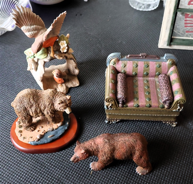 Figurine Lot including "Rocky Mountain Wildlife" Limited Edition Grizzly Bear, Other Grizzly Bear, Bird Porcelain Figure, and Resin Sofa 2 Piece Box