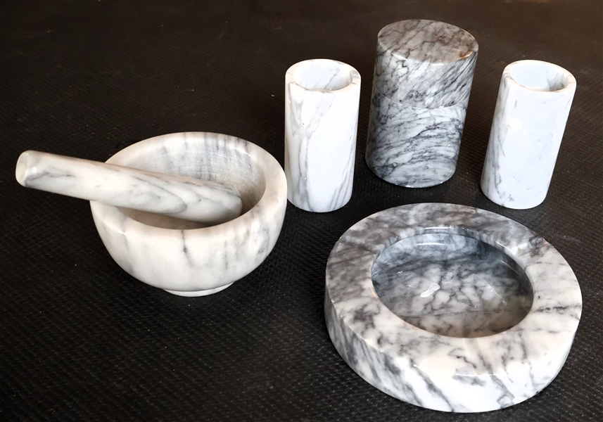 Lot of Marble Items - Pair of 4" Candle Sticks, Lidded Jar, Ash Tray, and Mortar and Pestle 