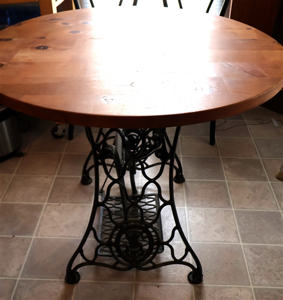 Round Kitchen Table with Singer Sewing Machine Base - Wood Top - Measures 29" Tall 36" Across
