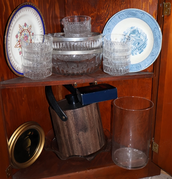 Contents of 2 Shelves including Arcoroc Glass Bowls, Serving Bowls, Currier and Ives China, Ice Bucket, Vase, and Print 