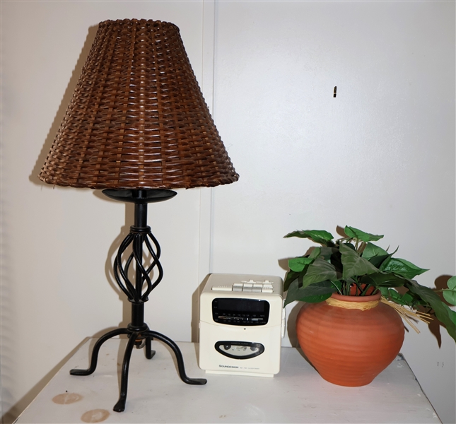 Twisted Metal Table Lamp, Clock Radio, and Ikea Terracotta Vase 
