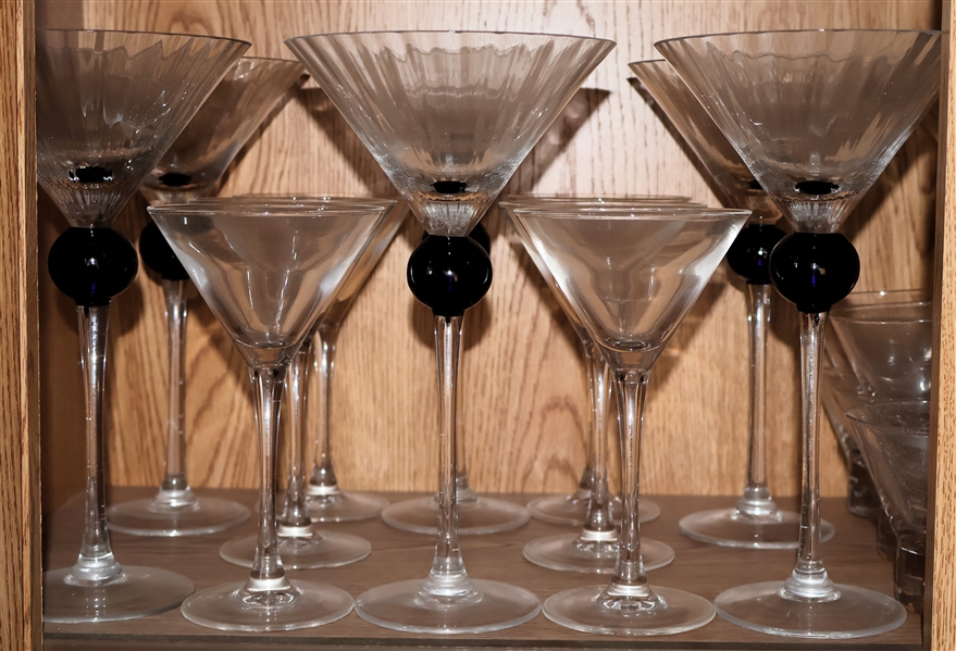 Lot of Martini Glasses - 8 With Black and Gold Ball Stems, 6 Plain, and Some Shot Glasses
