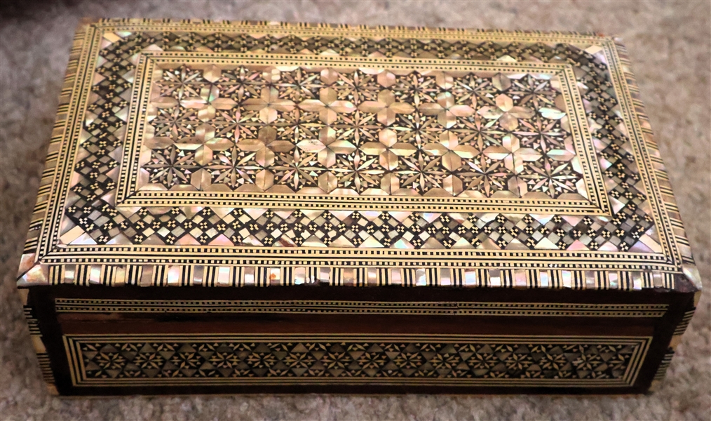 Very Nice Abalone Inlaid Wood Box with Intricate Mosaic Pattern - Box Measures 3" tall 9" by 6" 