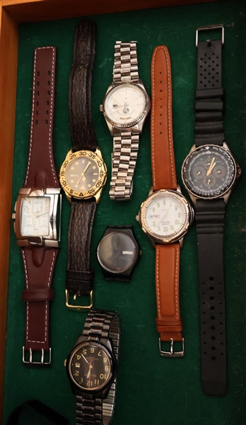 7 Wrist Watches including Benrus Chronograph, Guess Waterproof, Telux, Swatch, Bijoux Terner, and Others