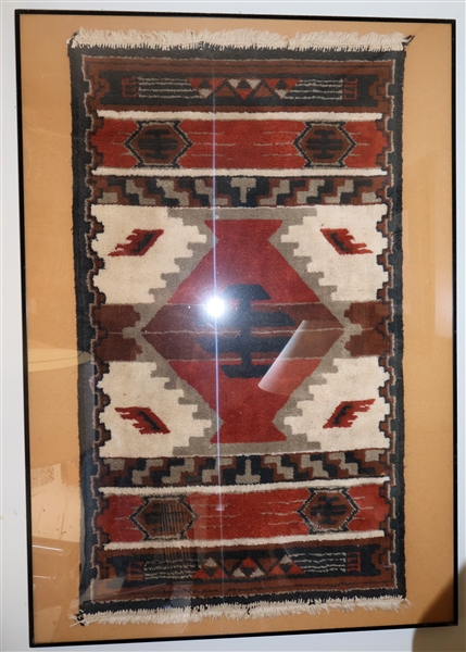 Handwoven Native American Textile - White, Red, and Blue - Framed - Textile Measures 36" by 21" Frame Measures 39" by 28" 