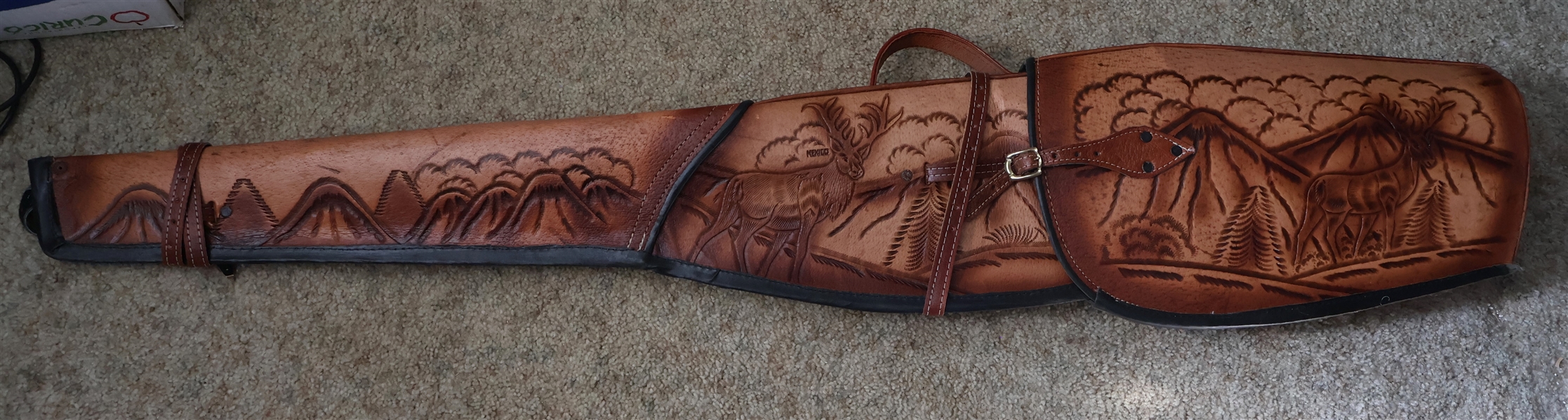 Nice Mexican Hand Tooled Leather Gun Case with Deer, Mountains, and Trees 