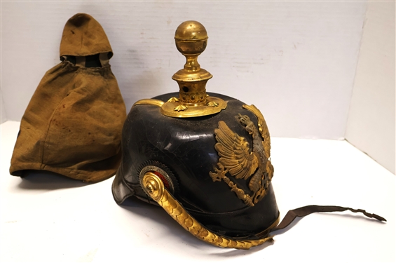 WWI German Prussian Empire Pickel Haube Officers Leather Spike Helmet - With Canvas Cover