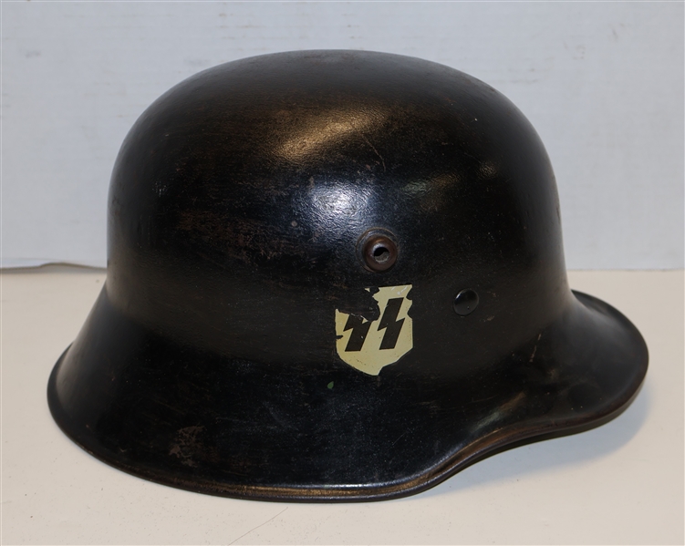 WWII German Nazi Metal Helmet -SS and Swastika Emblems - Leather Liner Marked M 1943 Helmet Marked AL64