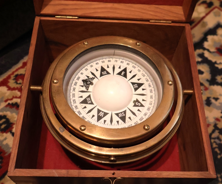 Modern Brass Ships Compass in Wood Box with Brass Details  - Inset Brass Ships Wheel on Lid - Wood Box Measures 5 1/2" tall 8" by 8" 