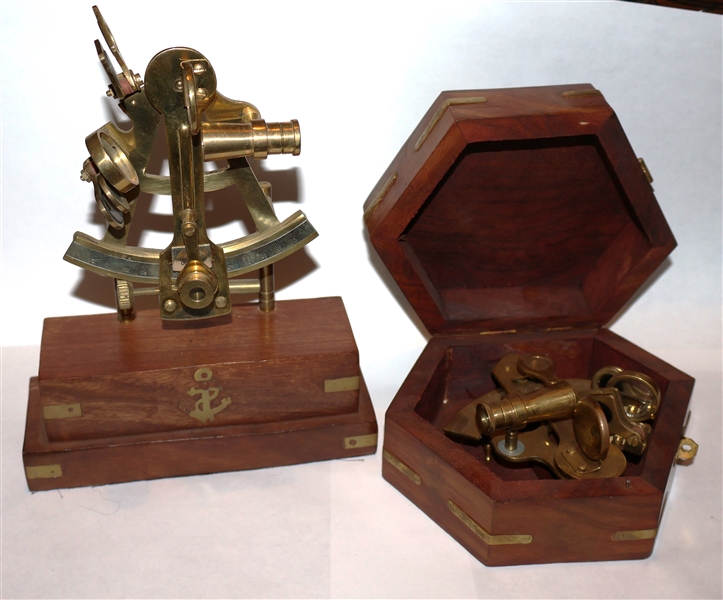 2 Brass Sextants - One on Wood Stand with Inlaid Brass Anchor other in Wood Box with Brass Accents and Inlaid Anchor on Top