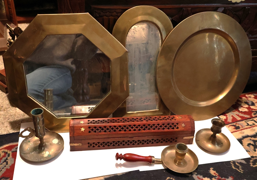 Lot of Brass Items including Candlesticks, Mirrors, Charger, and Wood Incense Burner with Inlaid Brass Stars - Octagon Mirror Measures 12"