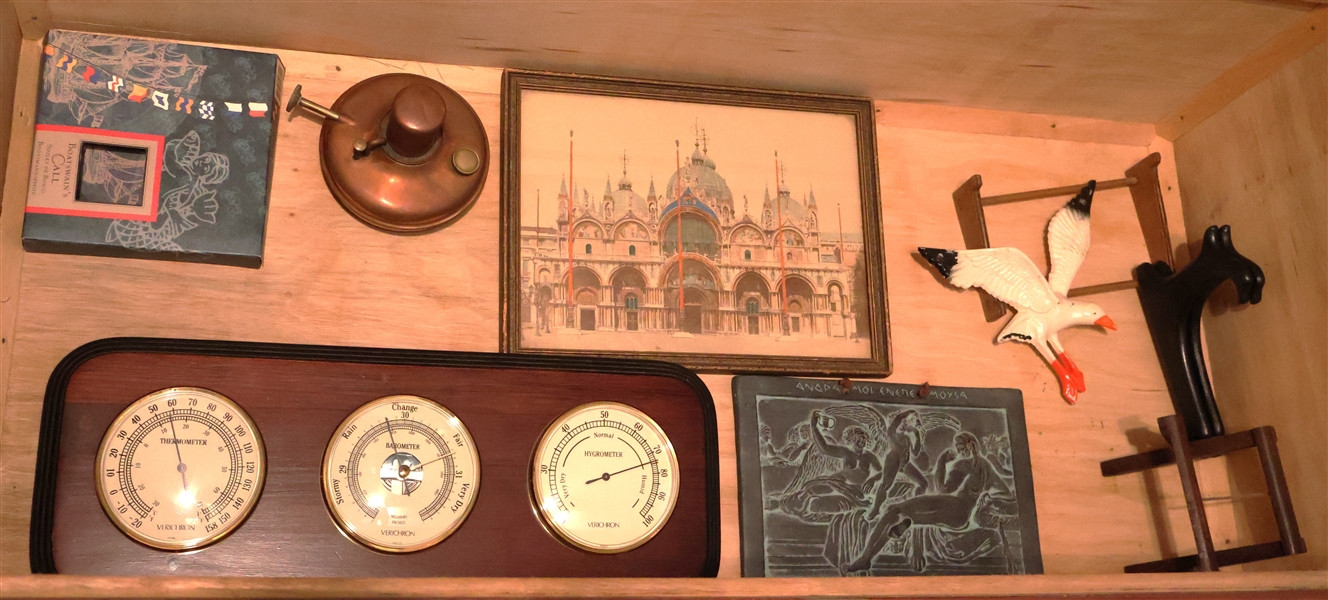 Verchron Thermometer, Barometer, and Hydrometer on Plaque, Greek Plaque, Copper Oil Lamp, Middle Eastern Print, and Metal Seagull