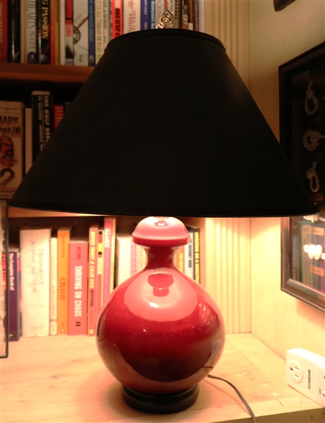Red Art Pottery Table Lamp with Brass Asian Inspired Finial - Black Shade - Measures 20" Tall 