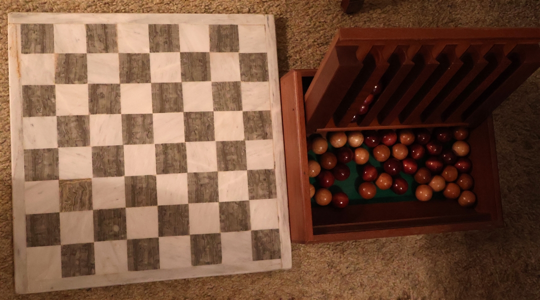 Heavy Marble Chess / Checker Board and Wood Marble Game with Birdseye Maple Finish - Board Measures 14 1/2" by 14 1/2"