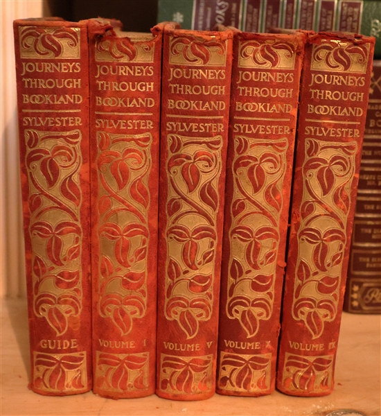 "Journeys Through  Bookland" by Sylvester - Guide, Volumes I, V, X and IX -1909 - Beautiful books with Read Leather Spines and Gold Leaves - 