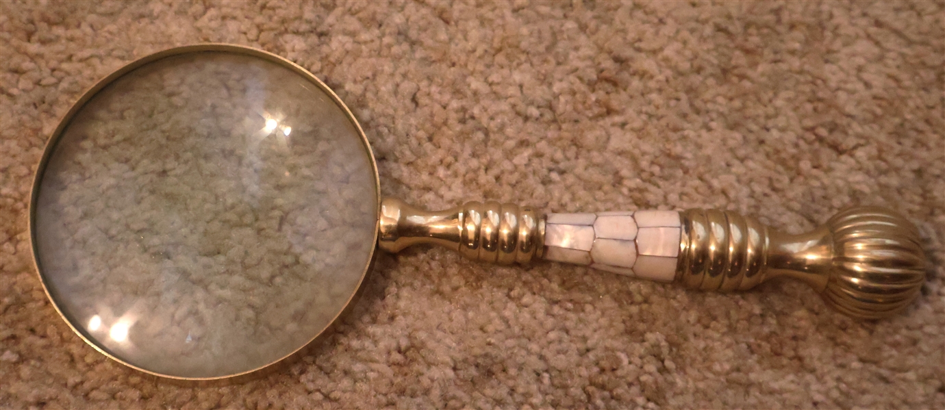 Nice Brass Magnifying Glass with Abalone Inlaid Handle - Measures 10" Long 4" Across