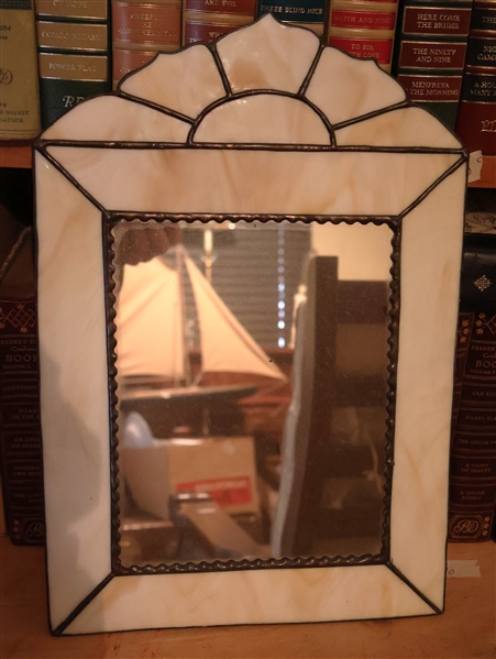 Nice Mirror with White Leaded Glass Frame - Measures 15" by 10" 